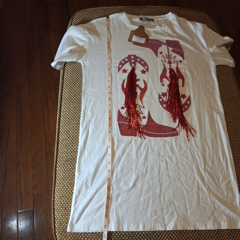 Blue B. Collection White T-shirt with Red Sequin & Fringe Cowboy Boot Design - Picture 10 of 13